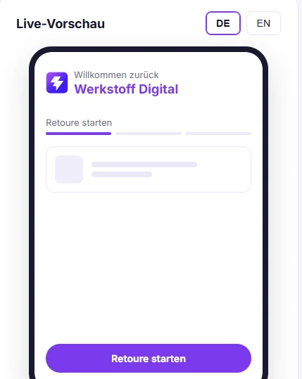 Ausschnitt Portal-Konfiguration: Live-Vorschau des Kundenportals mit Logo und Shopname Werkstoff Digital
