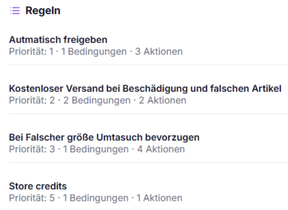 Ausschnitt Regeln: Automatisch freigeben, Kostenloser Versand bei Beschädigung und falschen Artikel, Bei falscher Größe Umtausch bevorzugen, Store credits – jeweils mit Priorität, Bedingungen und Aktionen