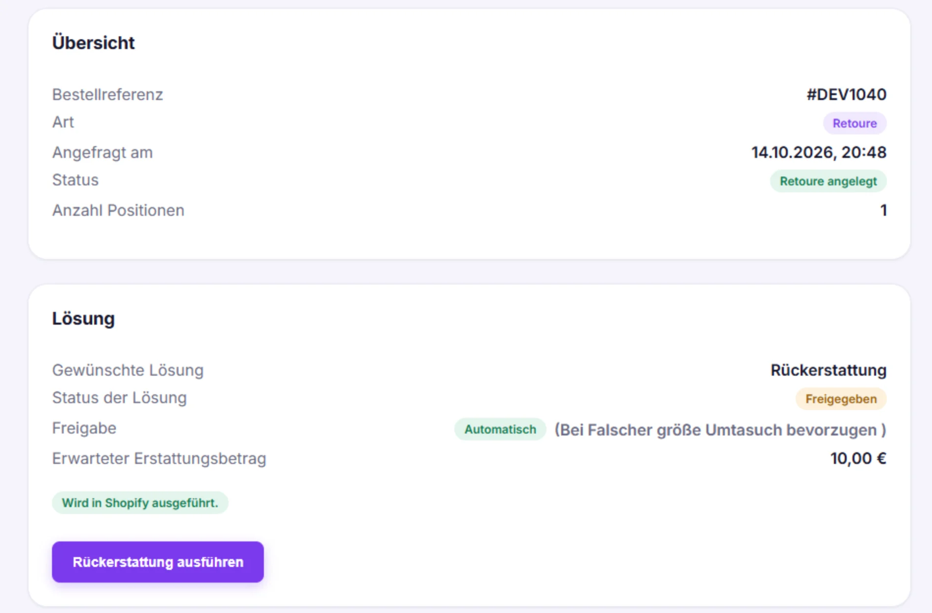 Retourendetail #DEV1040: Übersicht mit Bestellreferenz, Art, Datum und Status sowie Lösung Rückerstattung, Status Freigegeben, automatisch freigegeben, erwarteter Erstattungsbetrag 10,00 Euro und Schaltfläche Rückerstattung ausführen