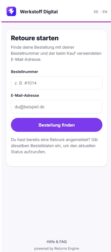 Kundenportal: Retoure starten mit Bestellnummer und E-Mail-Adresse
