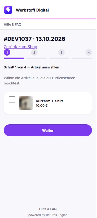 Kundenportal Schritt 1 von 4: Artikel auswählen