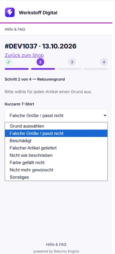Kundenportal Schritt 2 von 4: Retourengrund auswählen, Auswahlliste mit Gründen geöffnet