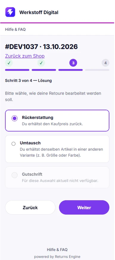Kundenportal, Schritt 3 von 4: Auswahl der Lösung Rückerstattung, Umtausch oder Gutschrift