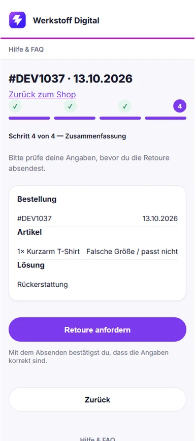 Kundenportal Schritt 4 von 4: Zusammenfassung und Retoure anfordern