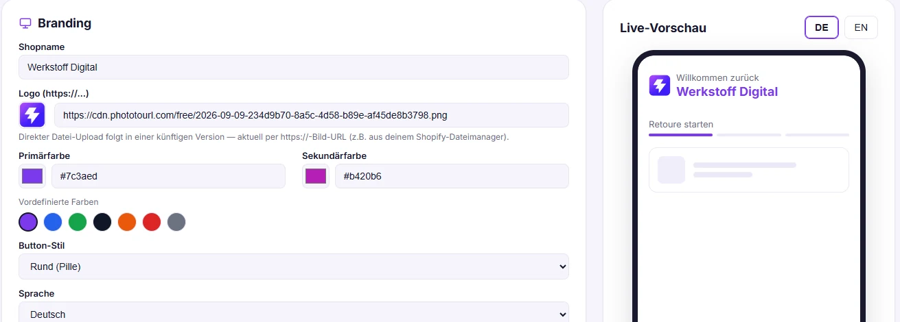 Portal-Einstellungen: Branding mit Shopname, Logo, Primär- und Sekundärfarbe, Button-Stil und Sprache sowie Live-Vorschau des Kundenportals
