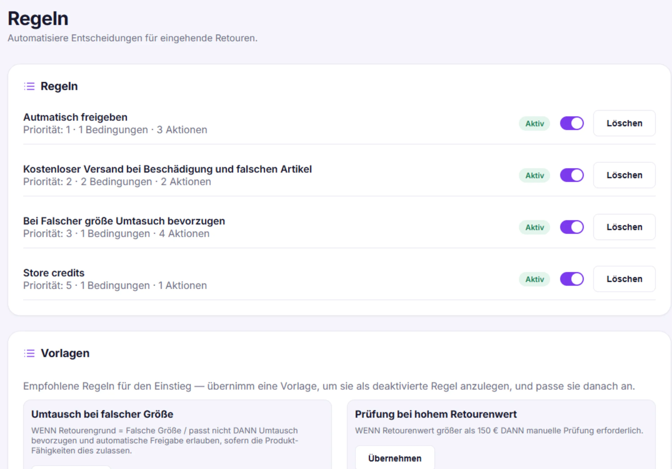 Regeln mit Priorität, Bedingungen und Aktionen sowie Vorlagen Umtausch bei falscher Größe und Prüfung bei hohem Retourenwert