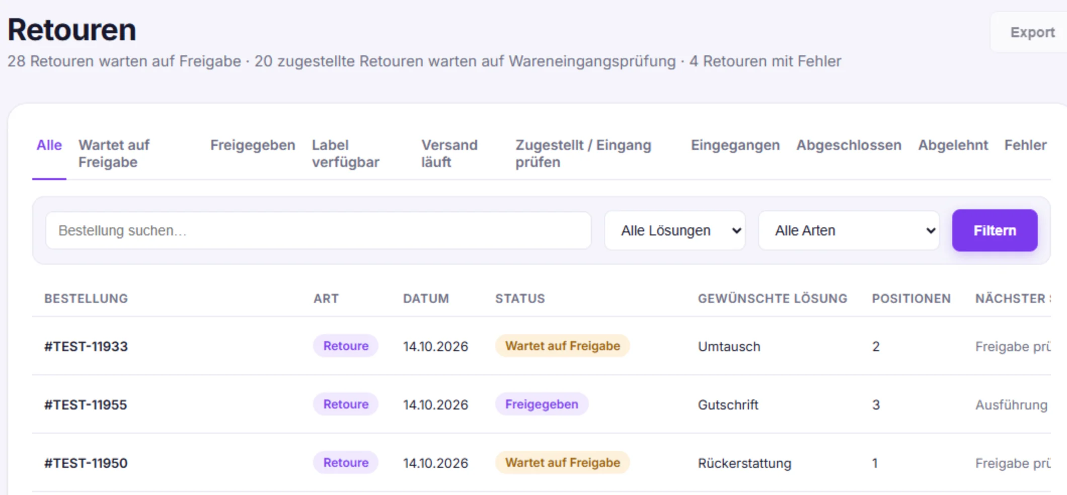 Retourenliste der Returns Engine mit Status-Reitern, Suche, Filtern und den Spalten Bestellung, Art, Datum, Status und gewünschte Lösung (Testdaten)
