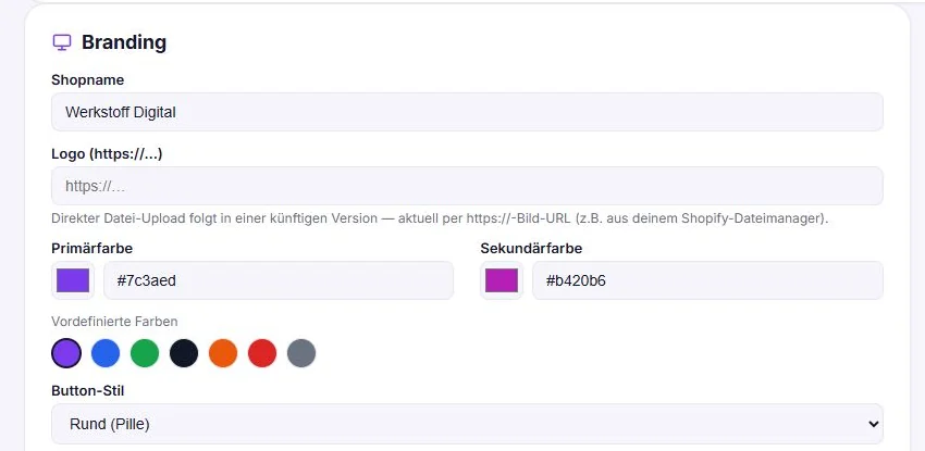 Karte Branding der Portal-Einstellungen: Shopname Werkstoff Digital, Feld Logo für eine https-Bildadresse mit Hinweis zum Datei-Upload, Primärfarbe #7c3aed, Sekundärfarbe #b420b6, vordefinierte Farben und Button-Stil Rund (Pille)